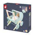Pale green and natural wood toy pram in its box, featuring a toddler pushing the stroller in a small graphic.