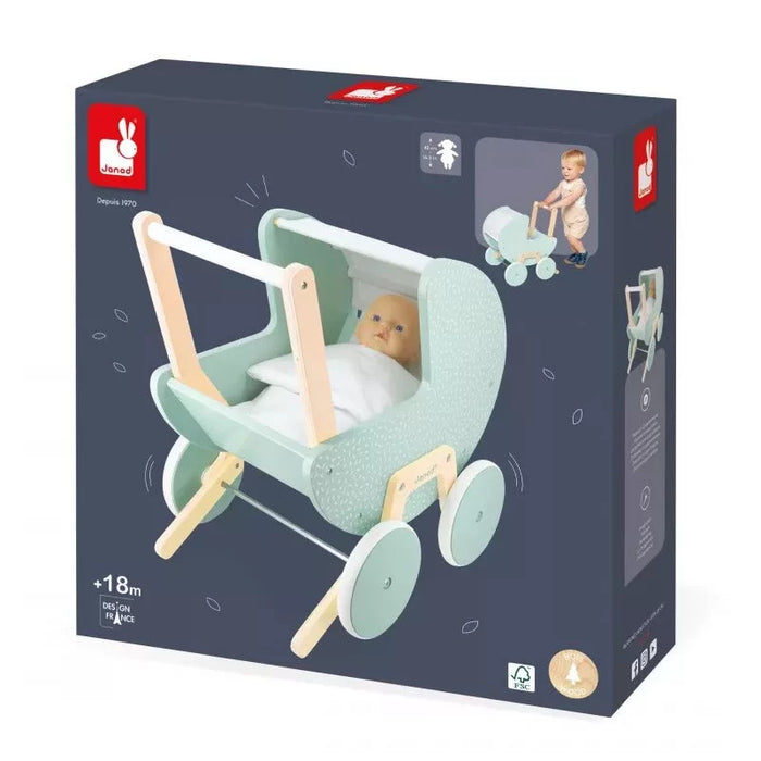 Pale green and natural wood toy pram in its box, featuring a toddler pushing the stroller in a small graphic.