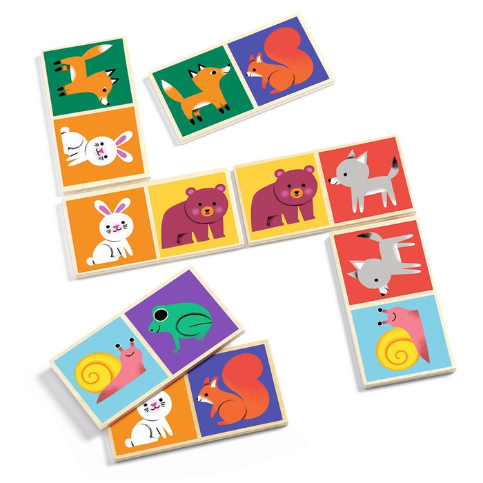Colorful wooden dominoes with animal illustrations like a fox, bear, and rabbit on vibrant backgrounds.