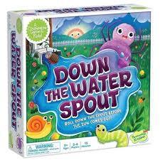 Board game box showing a purple spider, yellow snail, and green caterpillar on a rainy lawn with a blue splash title.