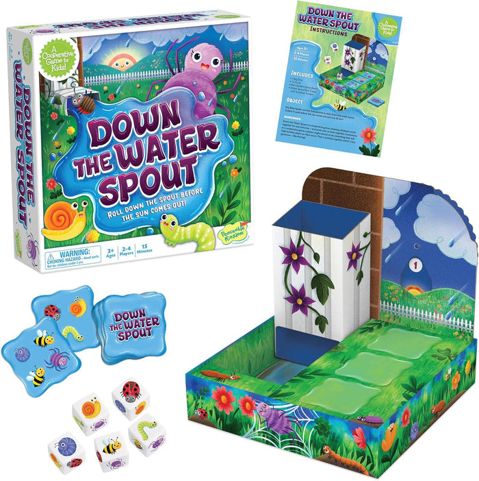 Colorful board game with a 3D garden board, floral dice tower, blue bug cards, and five illustrated dice.