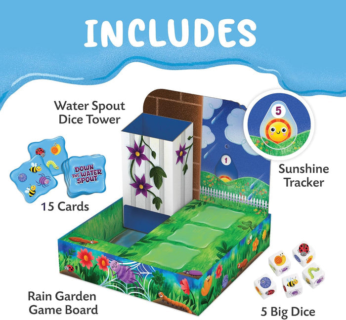 Includes a garden game board, purple floral dice tower, 15 blue bug cards, 5 large bug dice, and a sunshine tracker.
