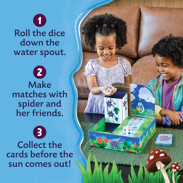 Two children play a garden-themed board game, rolling dice down a cardboard water spout to match characters.