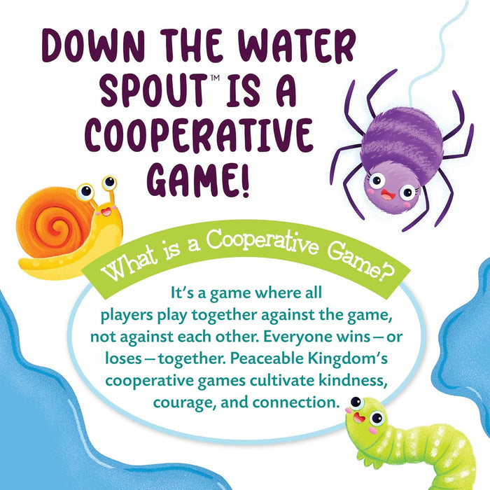 Colorful spider, snail, and caterpillar cartoons with text explaining cooperative play on a blue and white background.