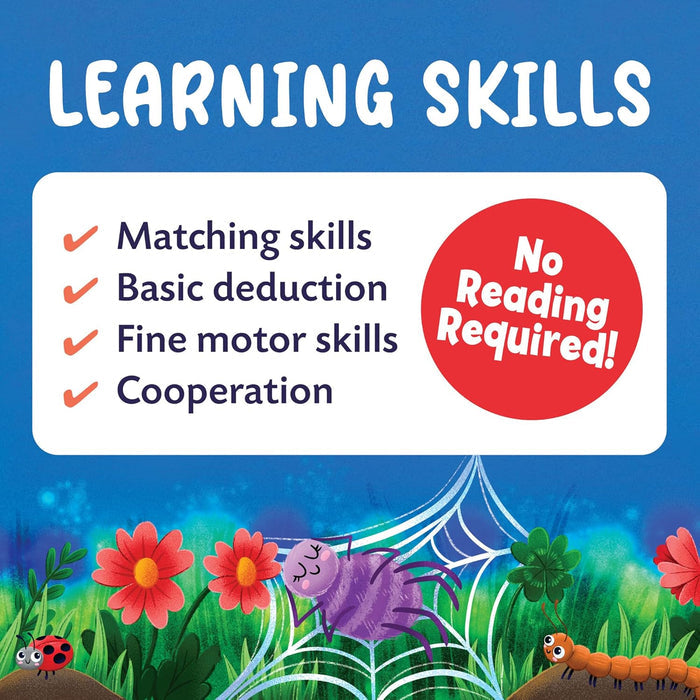 Learning skills list and red No Reading Required badge above a cartoon spider, ladybug, and caterpillar in a garden.