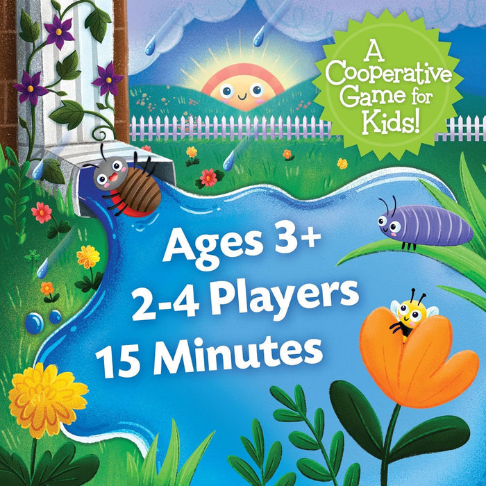 Colorful garden with bugs, water spout, and sun. Text: Ages 3+, 2-4 players, 15 minutes, Cooperative game for kids.