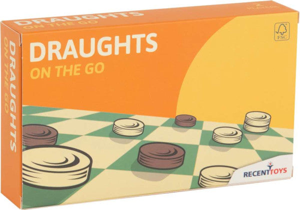 Orange and yellow box for Draughts On The Go featuring illustrations of brown and white game pieces on a checkered board.