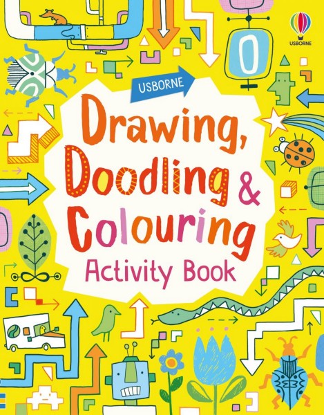 Bright yellow book cover featuring colorful hand-drawn doodles of a robot, snake, and flowers around playful text.