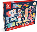 Hape Dress-Up Magnetic Puzzle box showing a boy and girl doll with various colorful magnetic outfits and accessories.