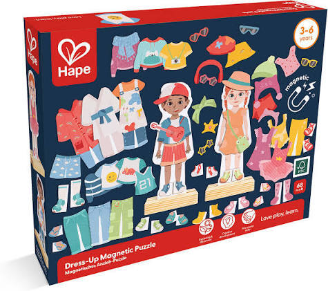 Hape Dress-Up Magnetic Puzzle box showing a boy and girl doll with various colorful magnetic outfits and accessories.