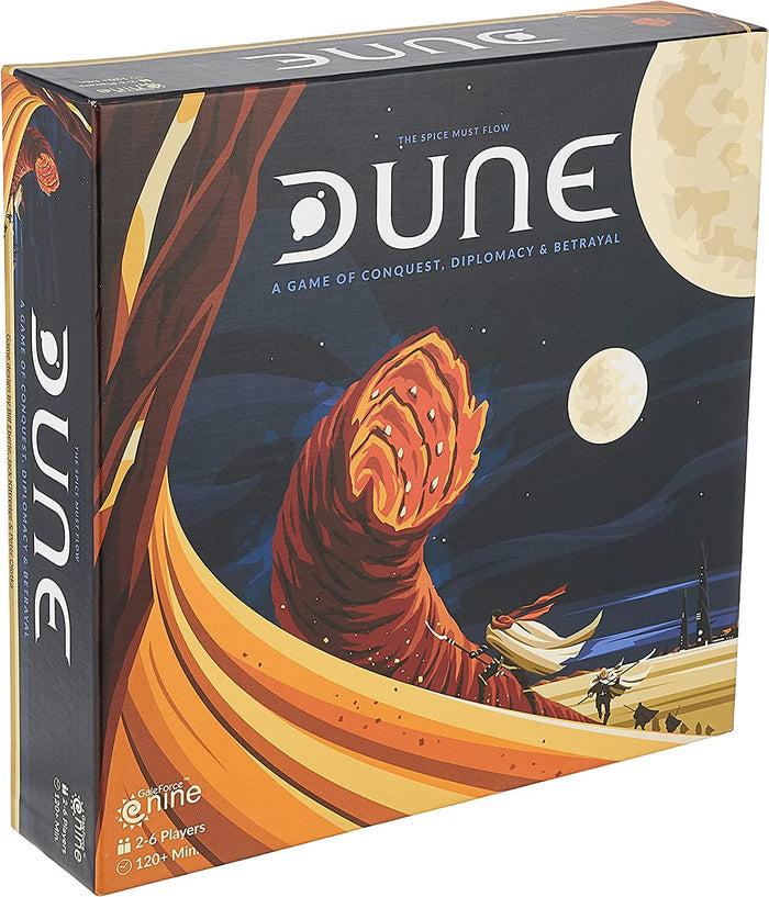 Square game box with dark blue sky, two moons, and a large orange sand spiral over desert dunes with figures.