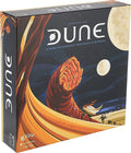 Square game box with dark blue sky, two moons, and a large orange sand spiral over desert dunes with figures.