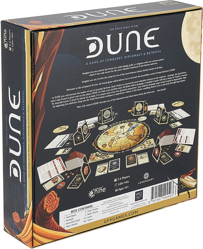Back of board game box featuring a desert map, game components, white text, and a sandworm on a dark blue background.