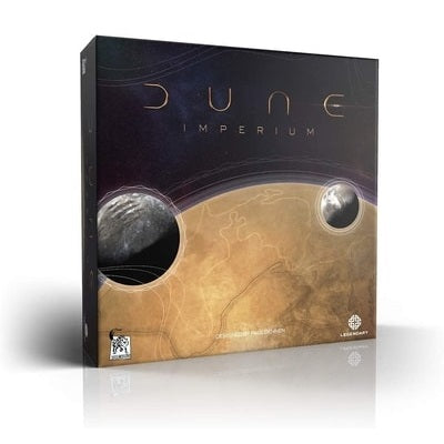 Square game box for Dune Imperium with gold text, a tan desert landscape, and a dark starry sky with two moons.