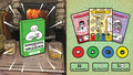 Green game box by a fireplace and whiskey, beside sample character cards and drinking game player icons.