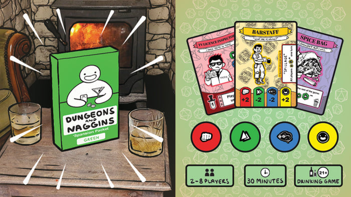 Green game box by a fireplace and whiskey, beside sample character cards and drinking game player icons.