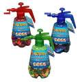 Red, blue, and green water balloon pumps with clear bases filled with colorful balloons and top-mounted triggers.