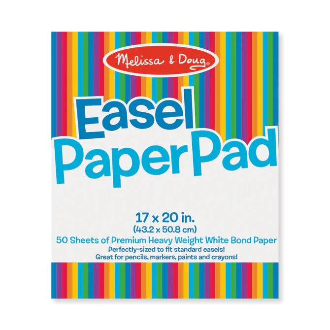 Melissa & Doug Easel Paper Pad with rainbow stripes, blue text, and 50 sheets of 17x20 inch white paper.
