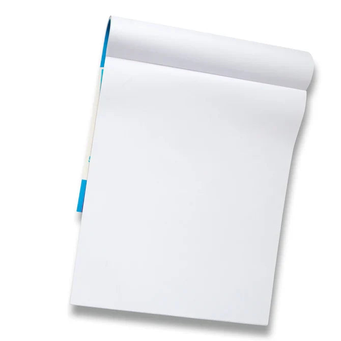 Blank white rectangular paper pad with top page flipped back over the blue binding, casting a soft shadow.