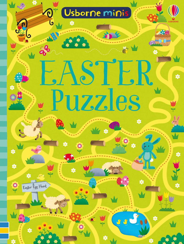 Bright green activity book cover featuring a winding yellow path, cartoon sheep, a blue bunny, and colorful Easter eggs.