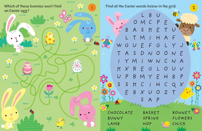 Colorful children's Easter activity pages with a bunny-themed maze and an egg-shaped word search puzzle.