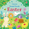 Easter sound book cover featuring colorful illustrations of a bunny, sheep, birds, and a press-to-play sound button.