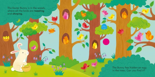 Colorful cartoon forest scene with a white bunny, many bright birds, and a hidden blue egg among green trees.