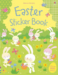 Illustrated book cover featuring pink and white bunnies, Easter egg baskets, and flowers in a bright green meadow.