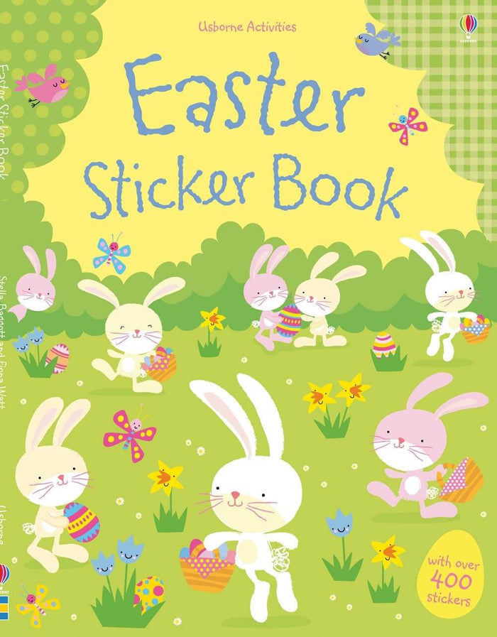 Illustrated book cover featuring pink and white bunnies, Easter egg baskets, and flowers in a bright green meadow.