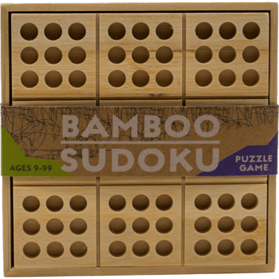Square light bamboo Sudoku board with nine 3x3 hole grids and a brown cardboard label band across the center.
