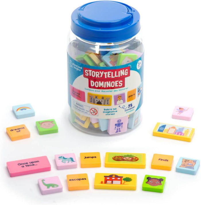 Clear jar with blue lid and colorful tiles featuring story words and pictures scattered on a white surface.