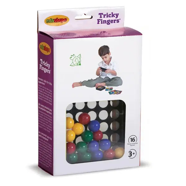 White Tricky Fingers game box with a boy playing and colorful marbles visible through a window in a black grid.