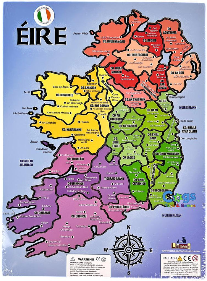 Colorful wooden jigsaw map of Ireland with counties labeled in Irish, a compass rose, and Lisheen Toys logo.