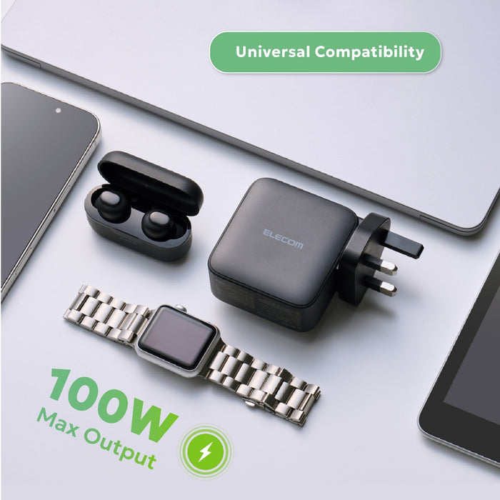 ELECOM Charger 100w 4-Ports  /USB-Cx3 USB-Ax1/ GaN II Plus/ Fast Charging/ MPA-ACAS01BFBK