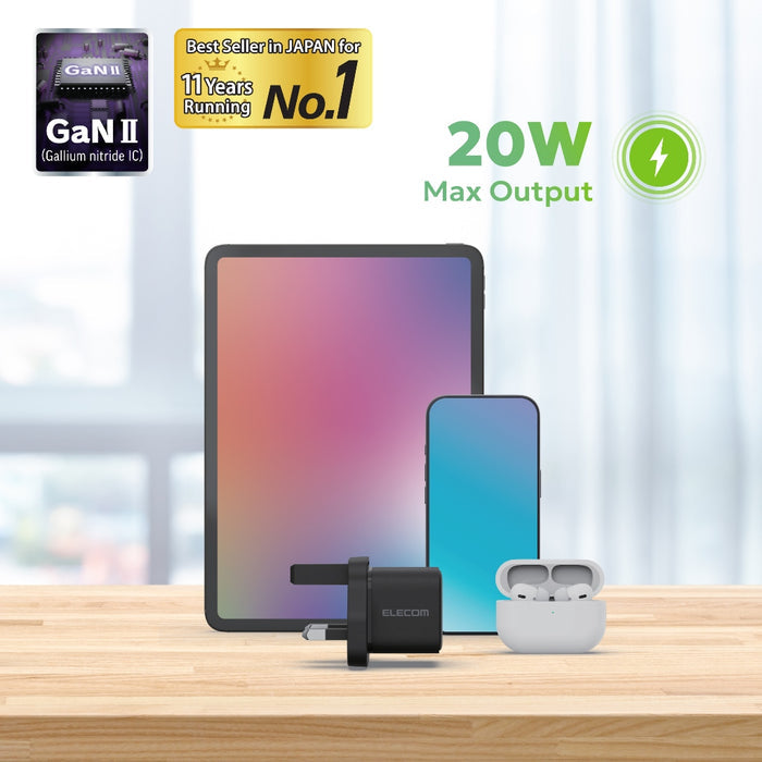 ELECOM Charger 20w 1-Port /USB-Cx1/ GaN II / Safe Design/ MPA-ACAS05BFBK