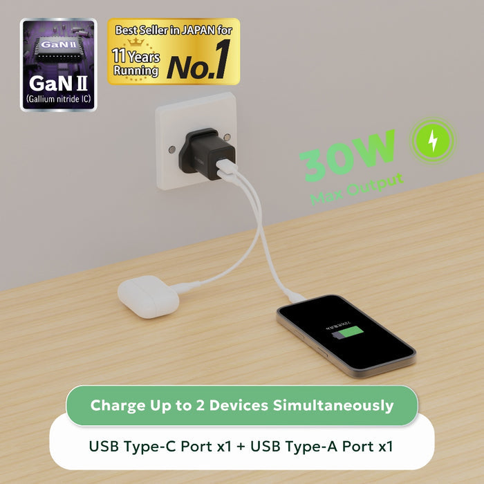 ELECOM Charger 30w 2-Ports/USB-Cx1 USB-Ax1/ GaN II / Safe Design/ MPA-ACAS03BFBK