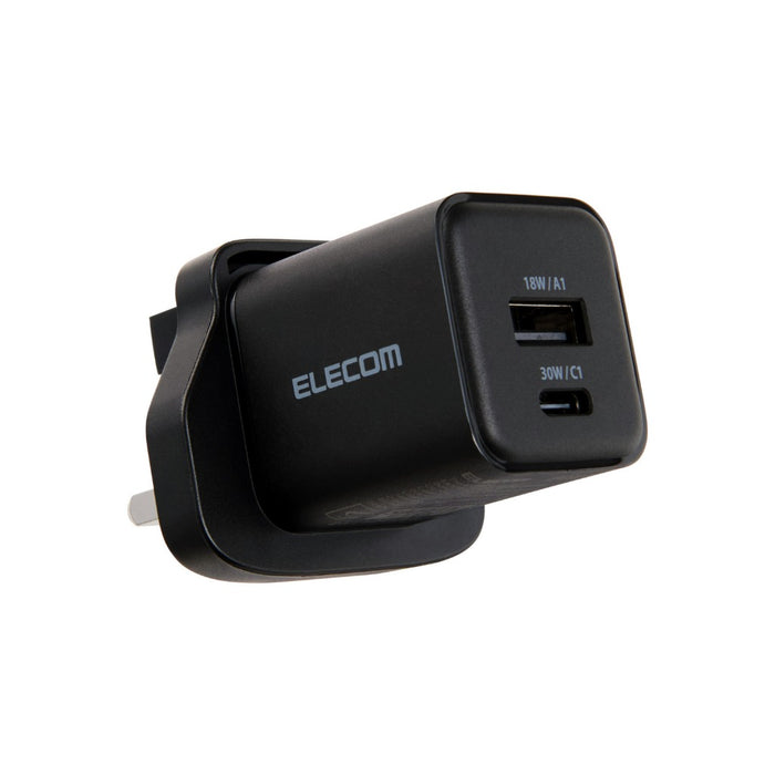ELECOM Charger 30w 2-Ports/USB-Cx1 USB-Ax1/ GaN II / Safe Design/ MPA-ACAS03BFBK