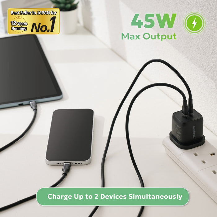 ELECOM Charger 45w 2-Ports/USB-Cx2/ GaN II / Safe Design/ MPA-ACAS0745BK