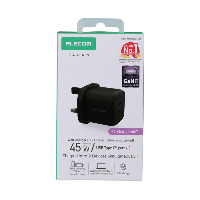 ELECOM Charger 45w 2-Ports/USB-Cx2/ GaN II / Safe Design/ MPA-ACAS0745BK