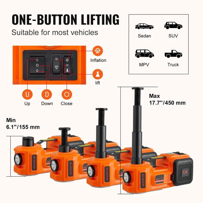 Electric Car Jack 5 Ton Jack with Electric Wrench Portable Car Lift demonstrating one-button lifting for various vehicles