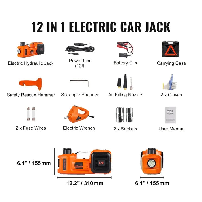12 in 1 electric car jack kit including electric hydraulic jack, power line, electric wrench, and accessories for vehicle lifting.