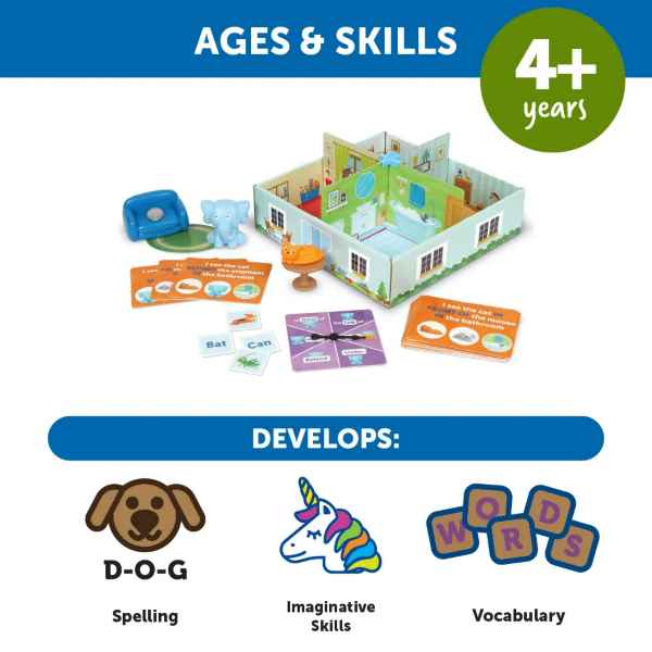 Ages 4+ learning game featuring a 3D cardboard house, blue elephant, orange cat, and icons for spelling and vocabulary.