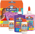 Elmer's 4-piece kit with purple and pink glue bottles, two white activators, and vibrant orange and blue box packaging.