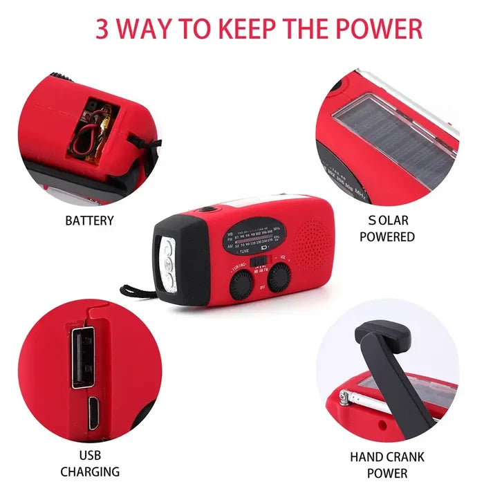 Emergency Radio with LED Lights Solar Charging Light showing battery, solar power, USB charging, and hand crank features.