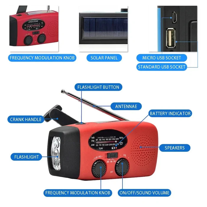 Emergency Radio with LED Lights Solar Charging Light featuring crank handle, USB socket, and flashlight button.