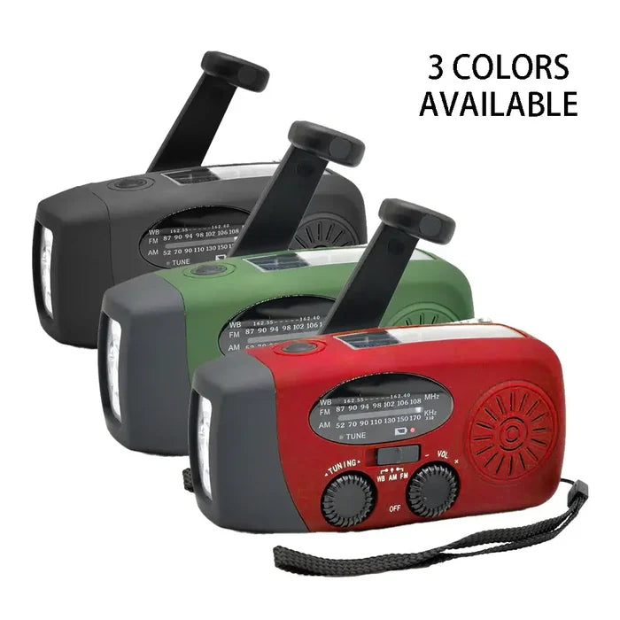 Emergency Radio with LED Lights Solar Charging Light in three colors: black, green, and red. Portable design, ideal for outdoor use.
