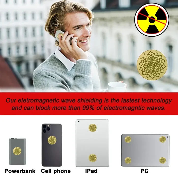 Man using EMF Radiation Stickers High Negative Ions 3000cc for Health on cell phone, showcasing electromagnetic wave shielding.
