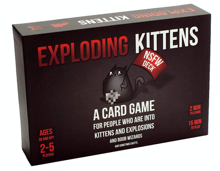 Black game box with bold red text and a cartoon black cat holding a red NSFW flag with pixelated censored details.