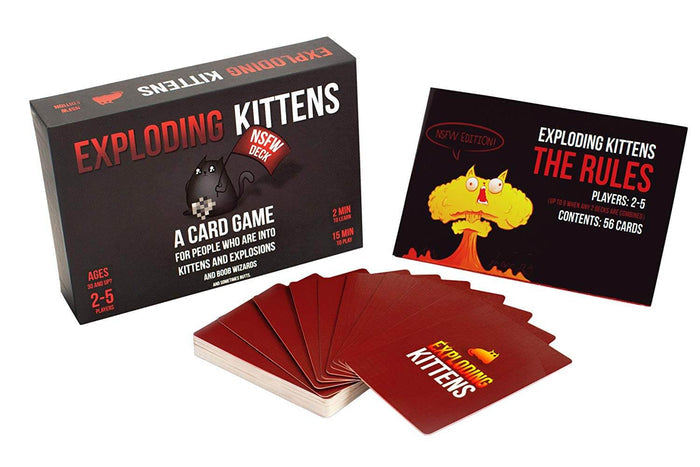 Black box with pixelated cat art, red instructions with cat explosion art, and fanned deck of red-backed cards.