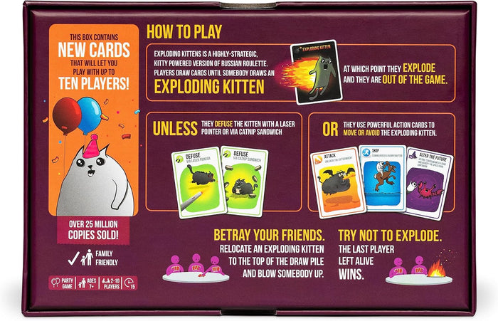 Maroon box back showing game instructions, cartoon cat graphics, sample cards, and icons for up to ten players.